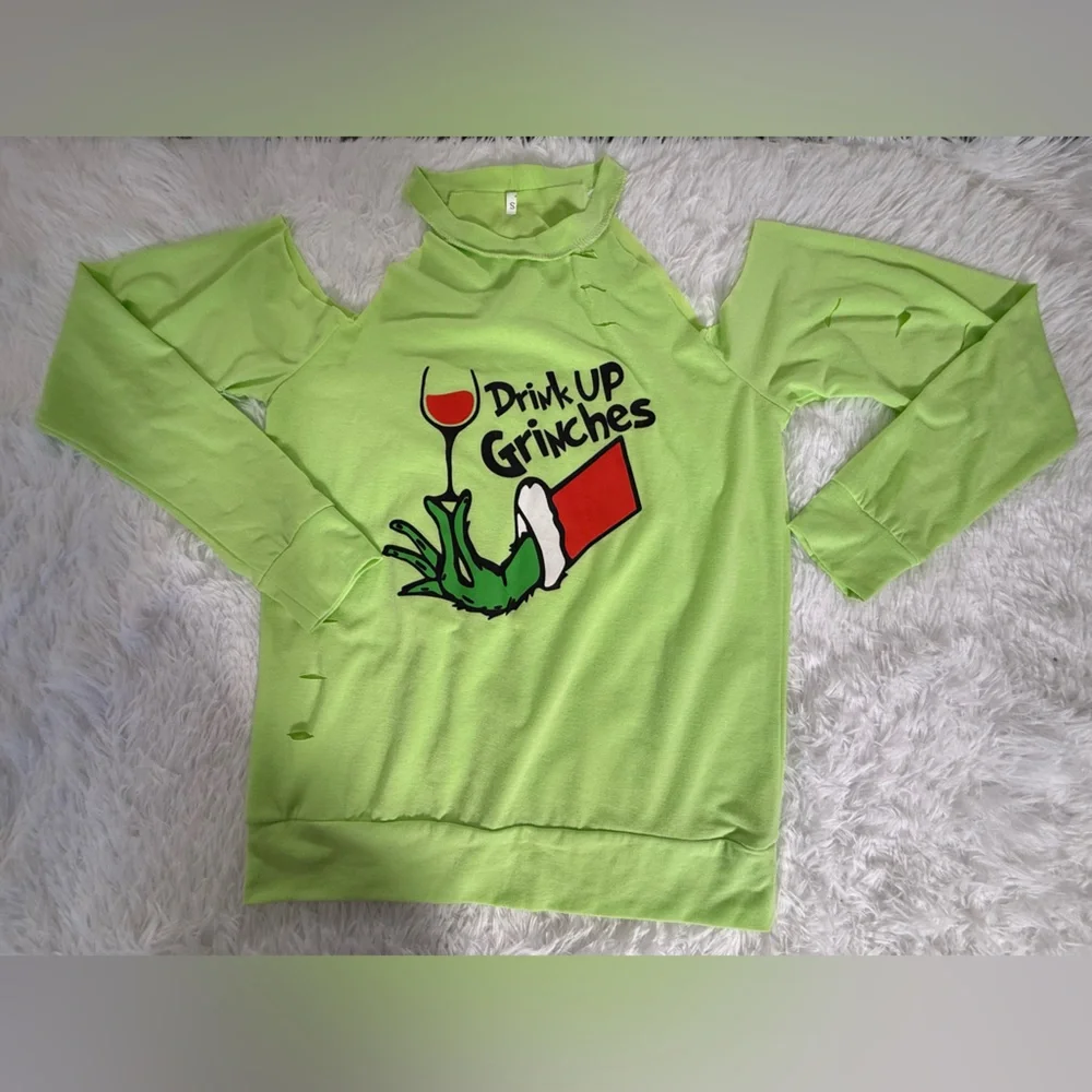 Drink up Grinches - fun holiday top S NWOT Burgundy Quarter - Picture 1 of 9